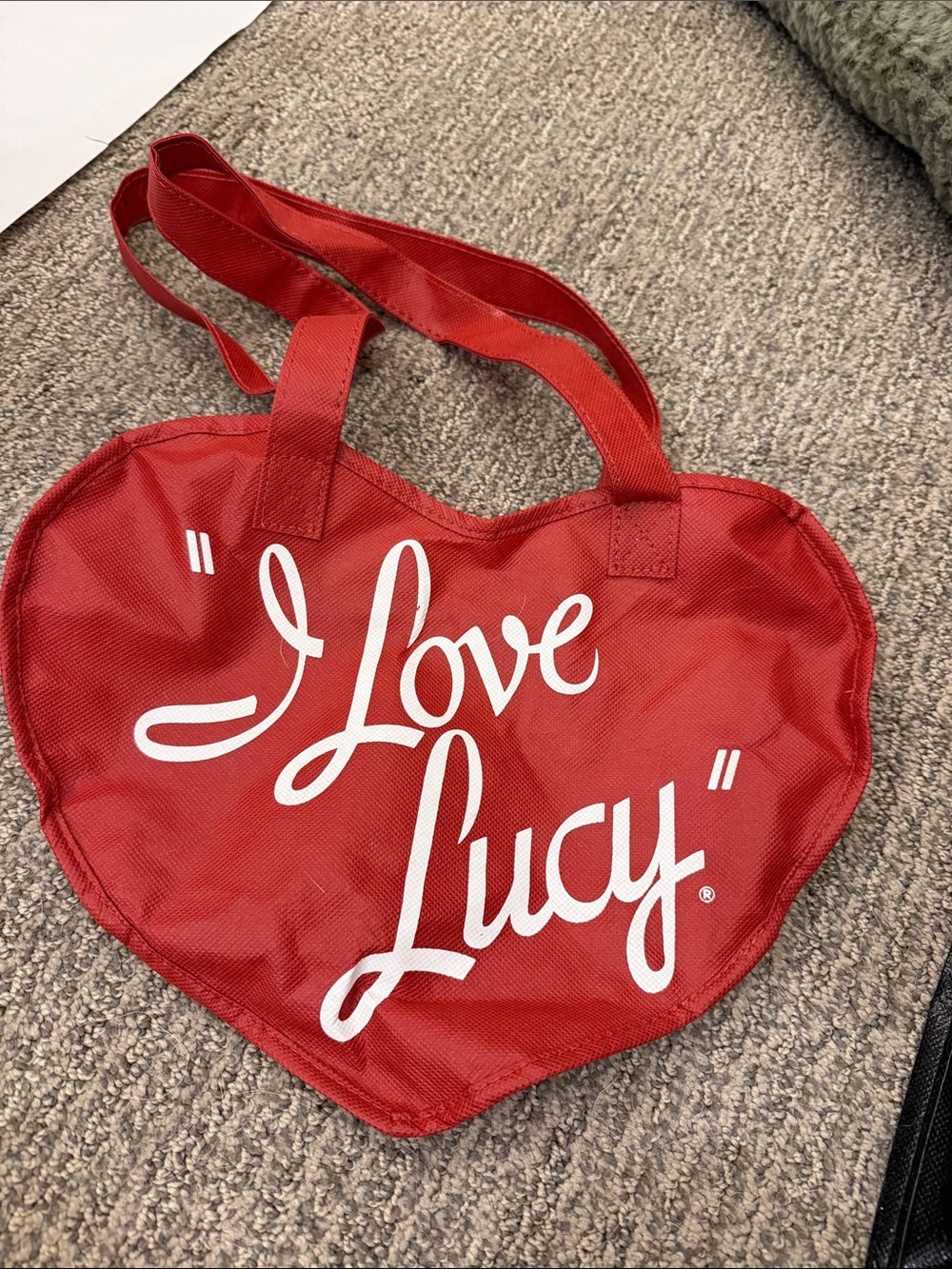 Red Heart-Shaped Tote Bag with White Script